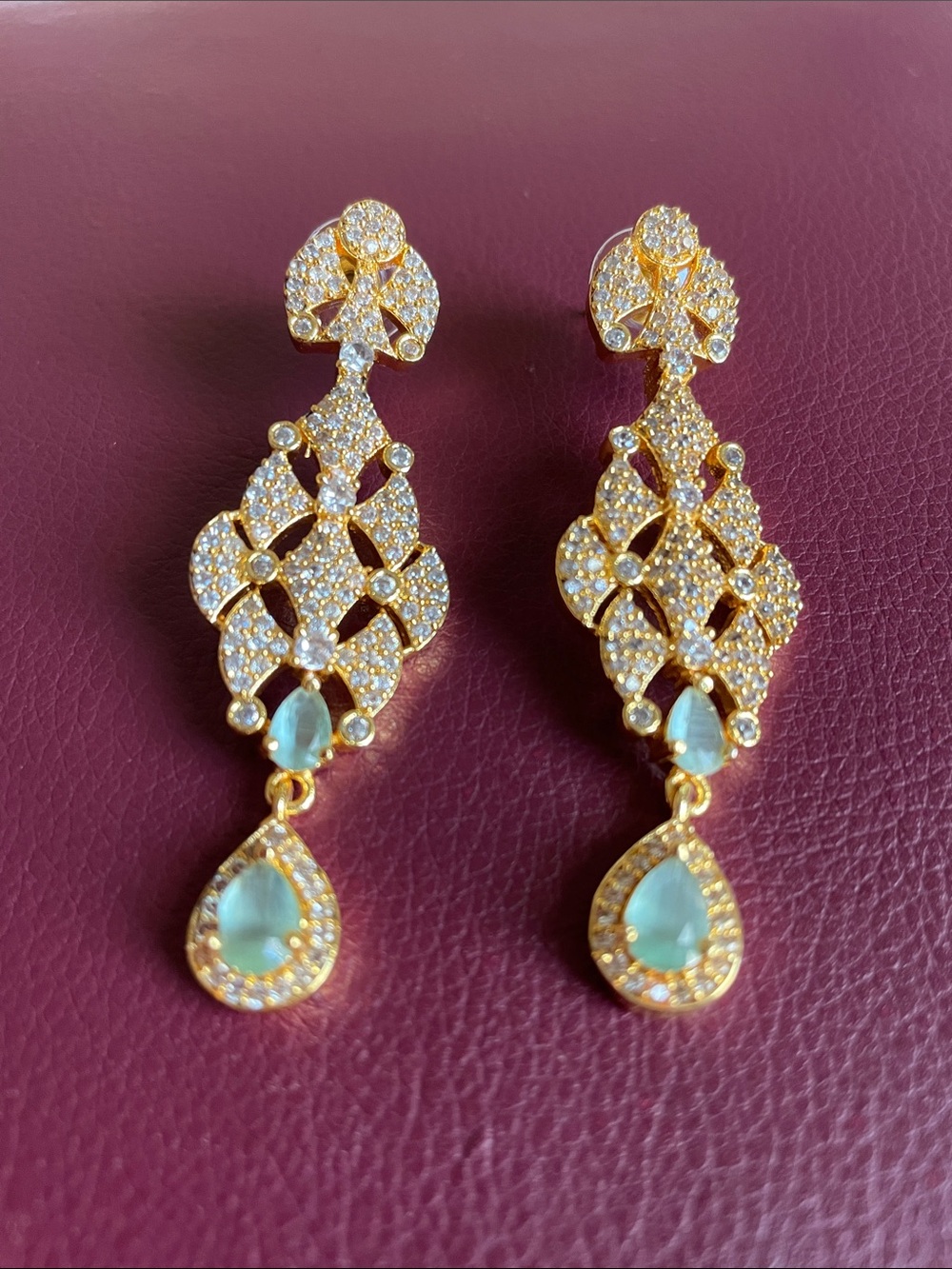 Gold Filigree Drop Earrings with Light Aqua Teardrop Stones
